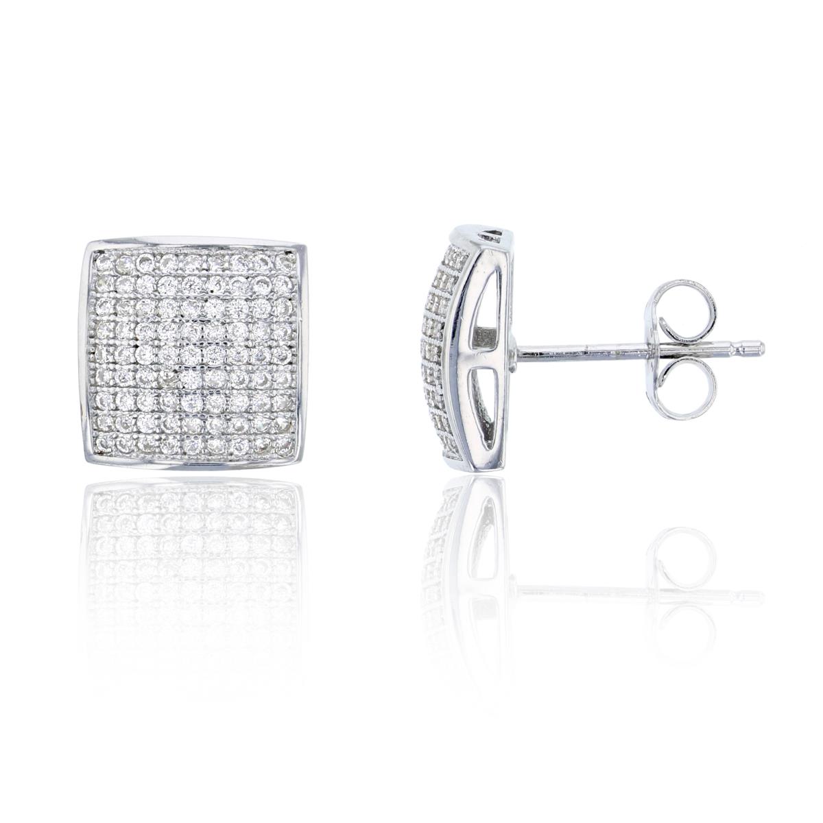 Sterling Silver 11x11mm Domed Square Micropave Stud Earring
