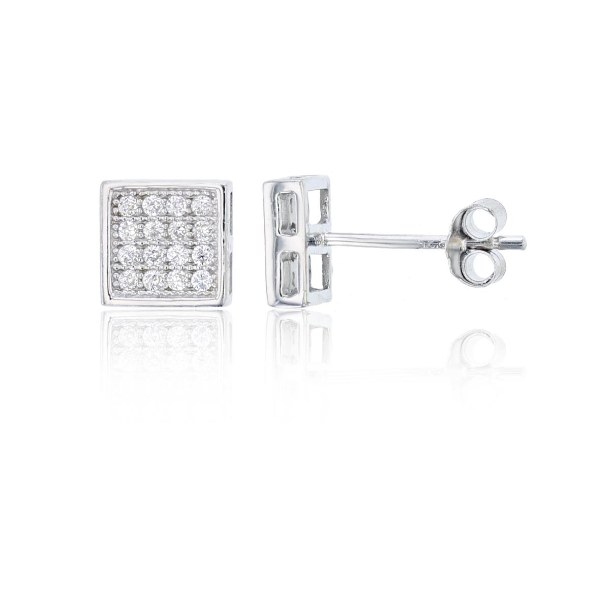 Sterling Silver 6.7mm Pave Square Stud Earring