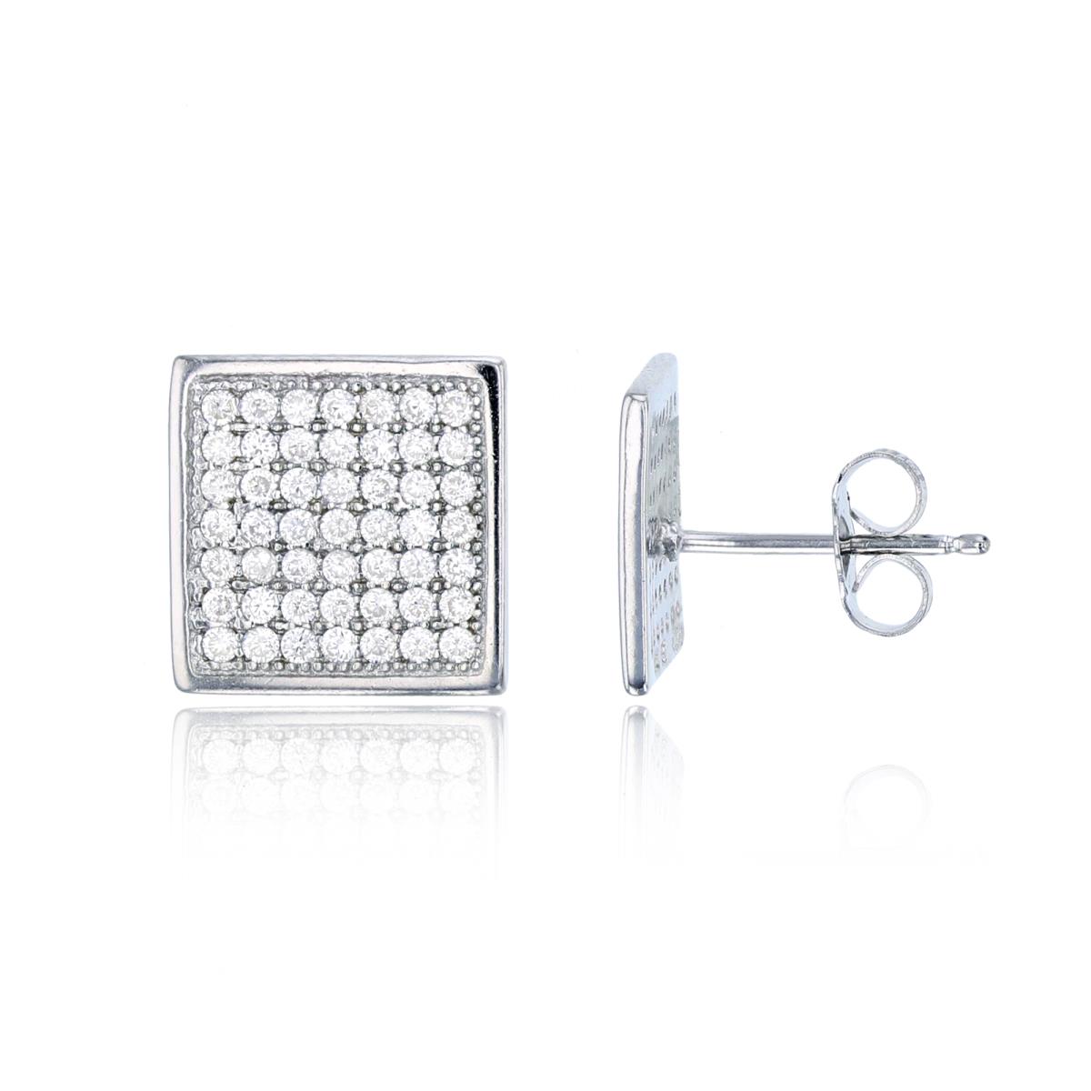 Sterling Silver 11.2x11.2mm Square Micropave Stud Earring