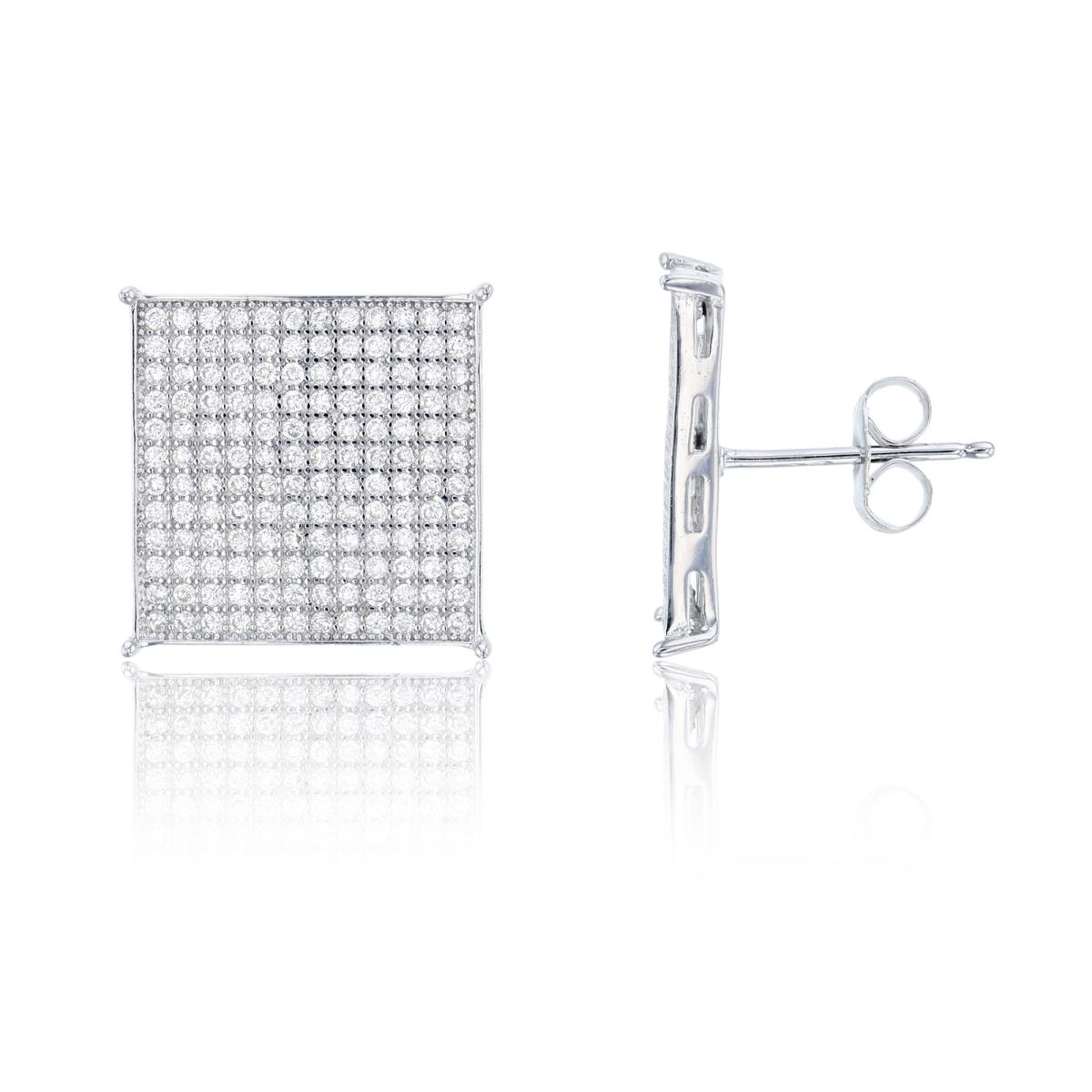 Sterling Silver 16.2x16.2mm Square Micropave Stud Earring
