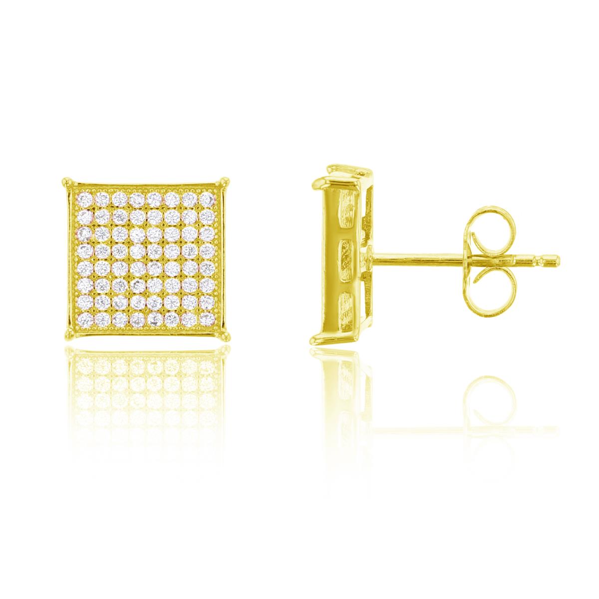 Sterling Silver Yellow 10x10mm Square Micropave Stud Earring
