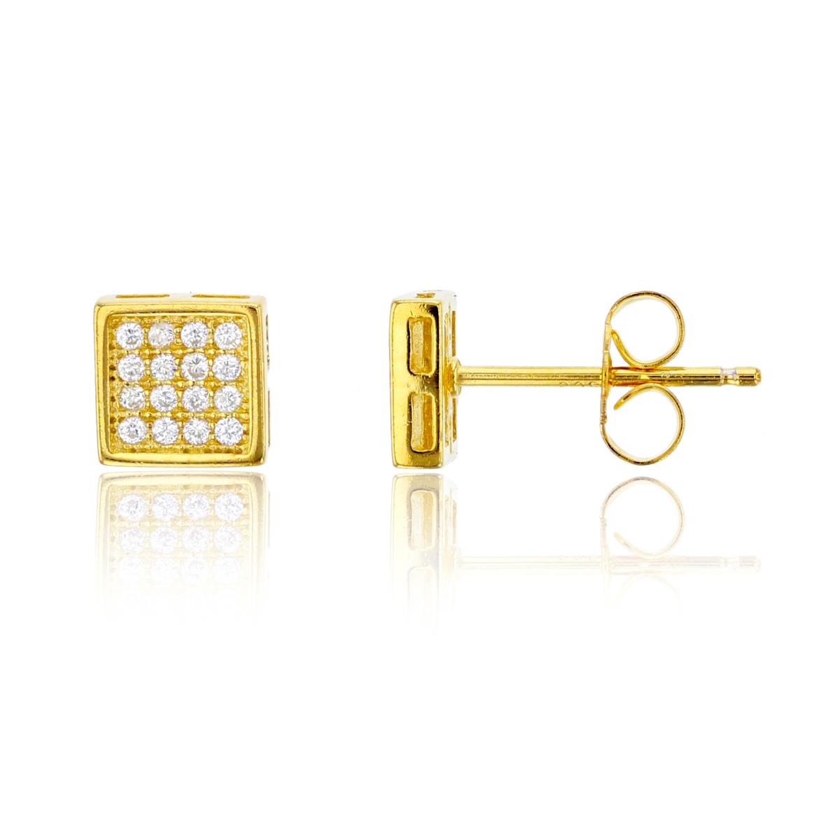 Sterling Silver Yellow 9mm Pave Square Stud Earring