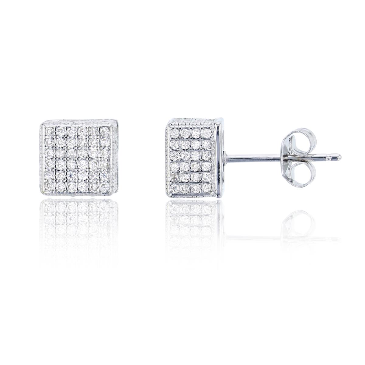 Sterling Silver 8x8mm Micropave Square 3D Stud Earring