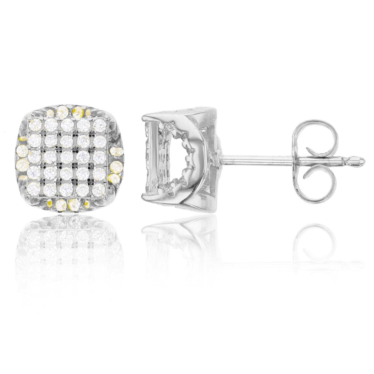 Sterling Silver 9mm Micropave 3D Square Stud Earring