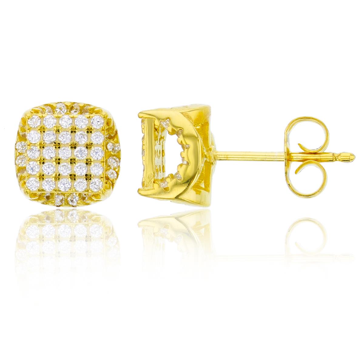 Sterling Silver Yellow 9mm Micropave 3D Square Stud Earring