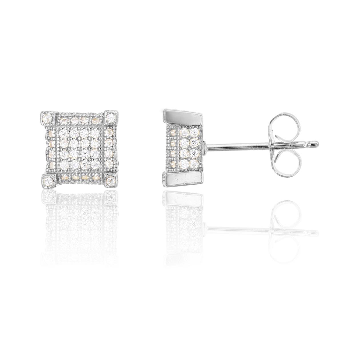 Sterling Silver 8x8mm 3D Square Micropave Stud Earring