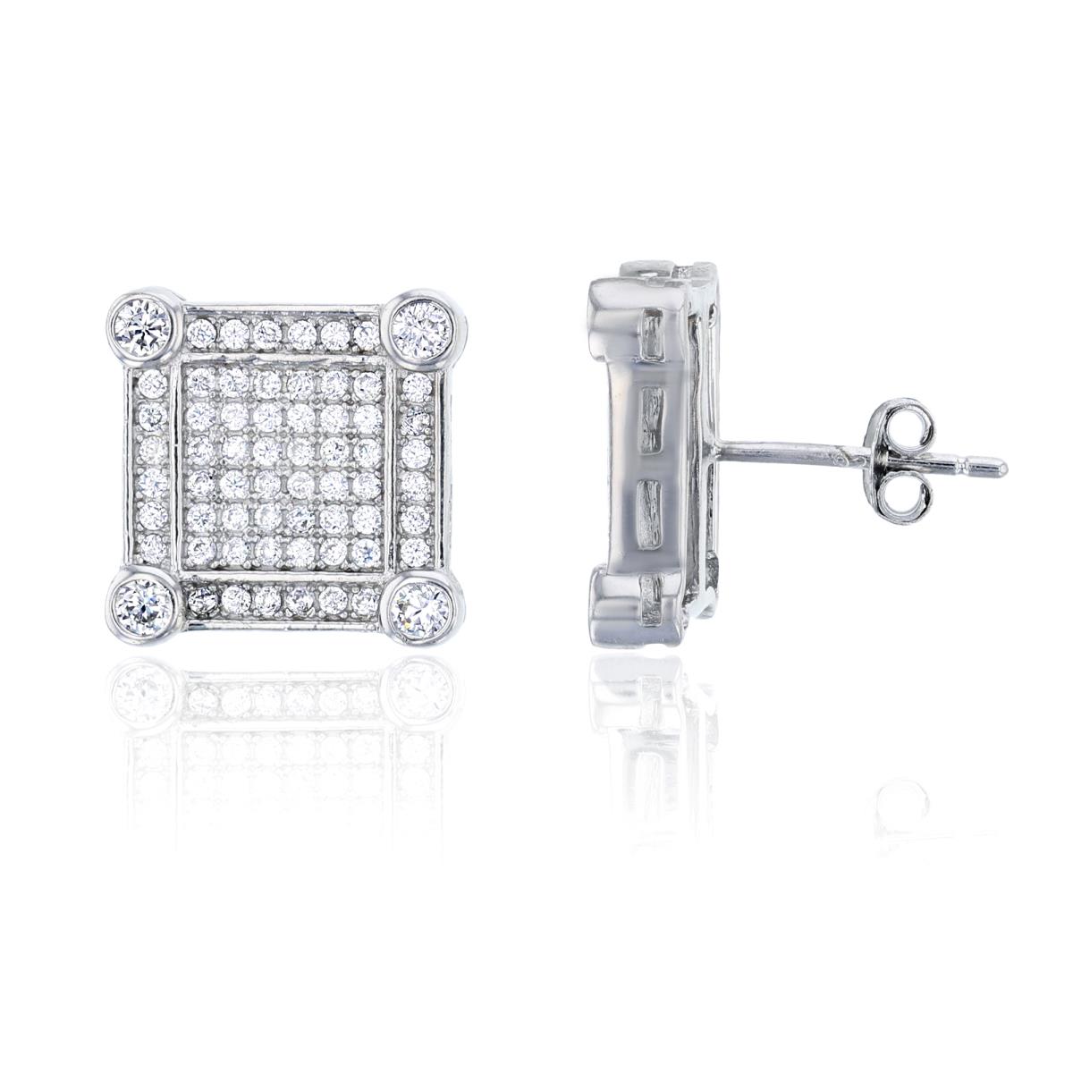 Sterling Silver 8x8mm Micorpave Square Stud Earring