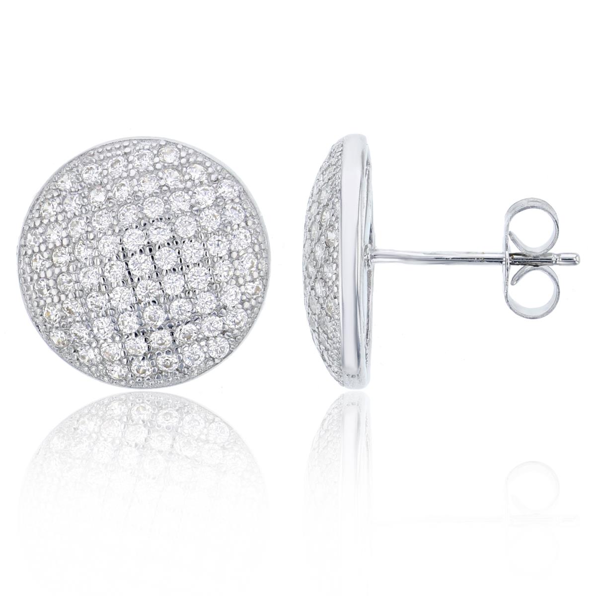 Sterling Silver 15mm Micropave Round Beveled Stud Earring