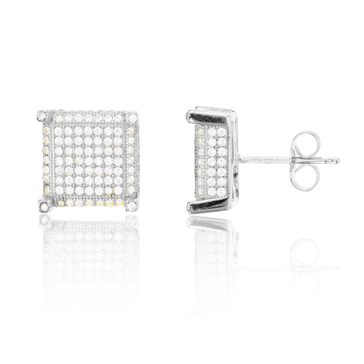 Sterling Silver 12x12mm 3D Square Micropave Stud Earring