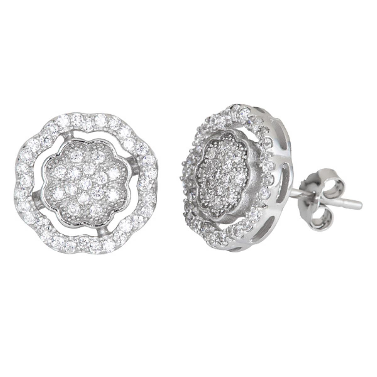 Sterling Silver 11.1x11.1mm Pave Flower Stud Earring