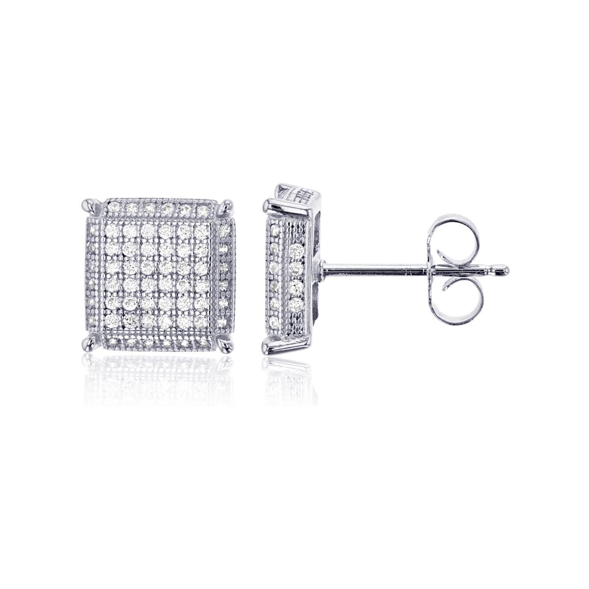 Sterling Silver 10x10mm Micropave 3D Square Stud Earring