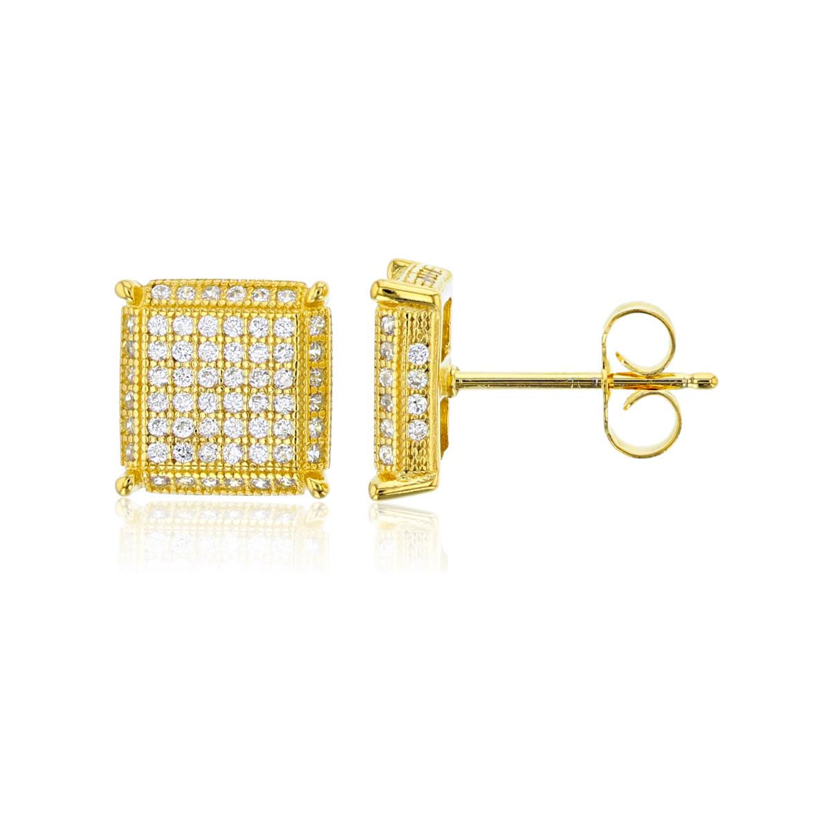 Sterling Silver Yellow 10x10mm Micropave 3D Square Stud Earring