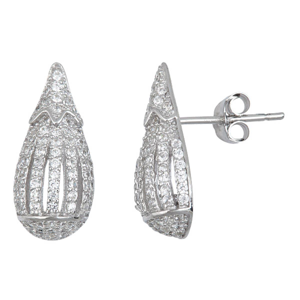 Sterling Silver Rhodium 17x8mm Pave Acorn Stud Earring