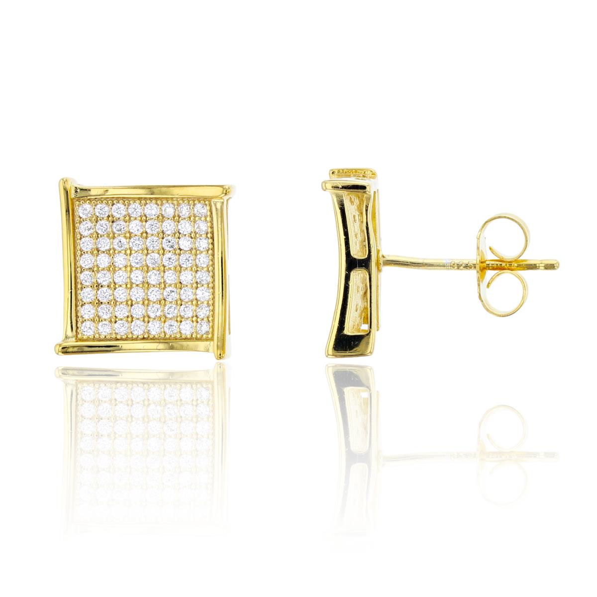 Sterling Silver Yellow 12x12mm Fancy Square Micropave Stud Earring