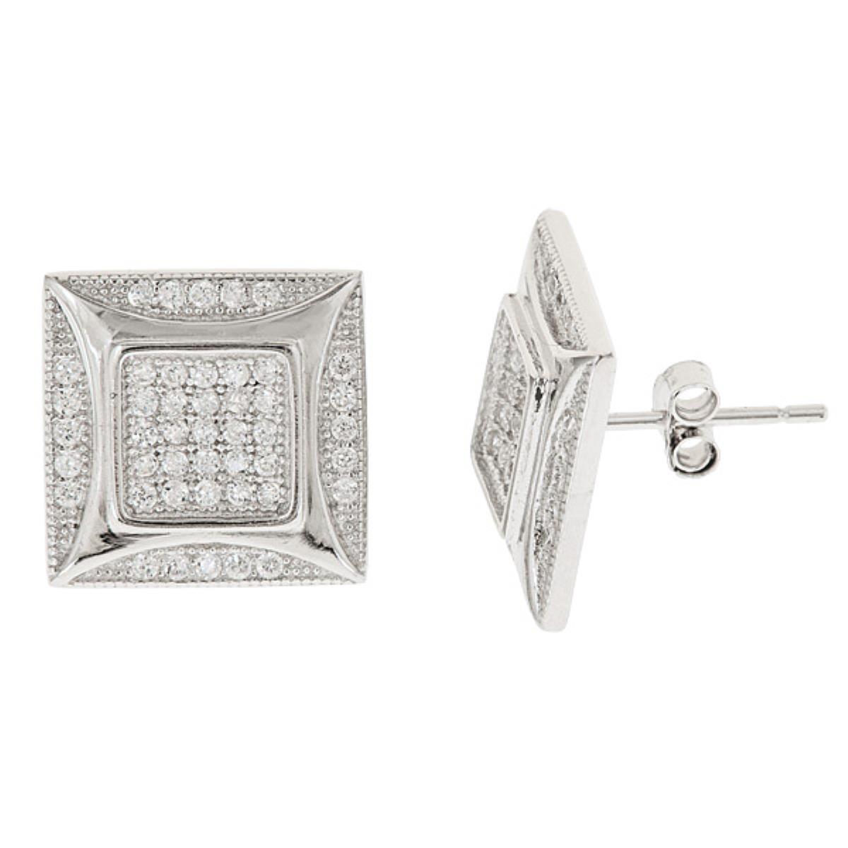Sterling Silver 13x13mm Micropave Square Stud Earring
