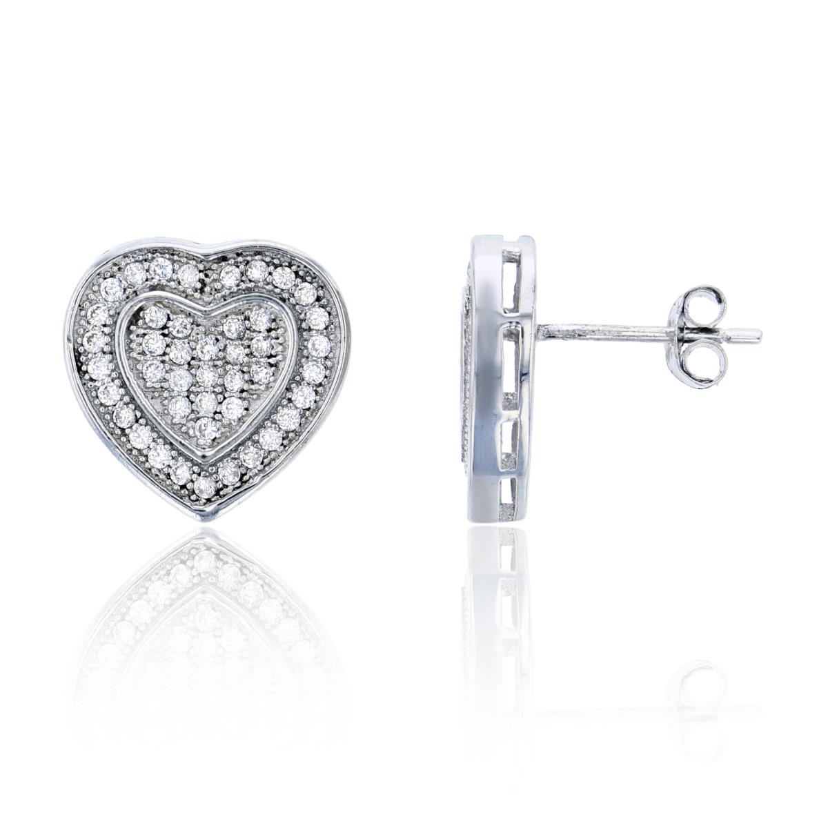 Sterling Silver 13.3x13.3mm Micorpave Heart Stud Earring