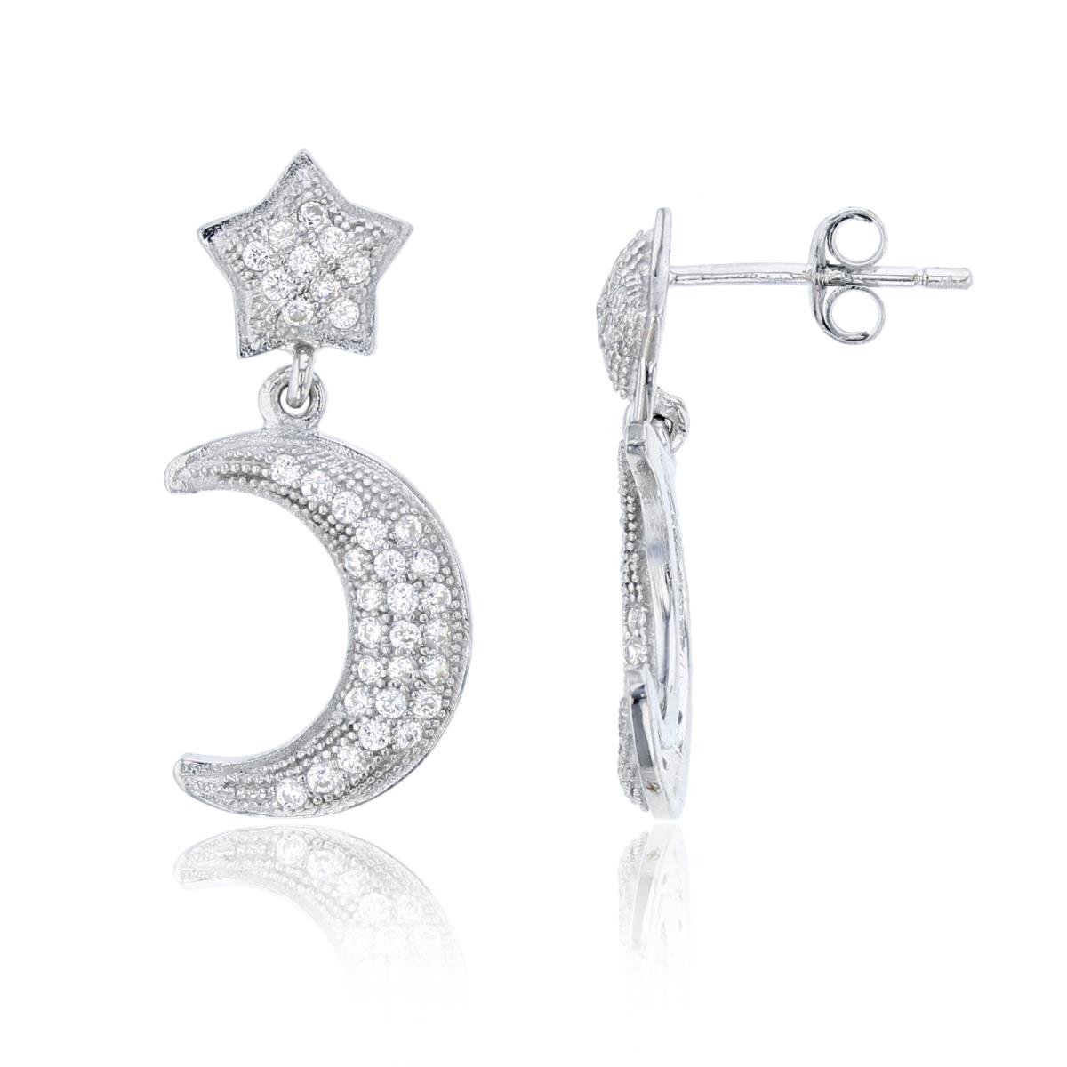 Sterling Silver 15x15mm Dangling Star  & Moon Micropave Dangling Earrings