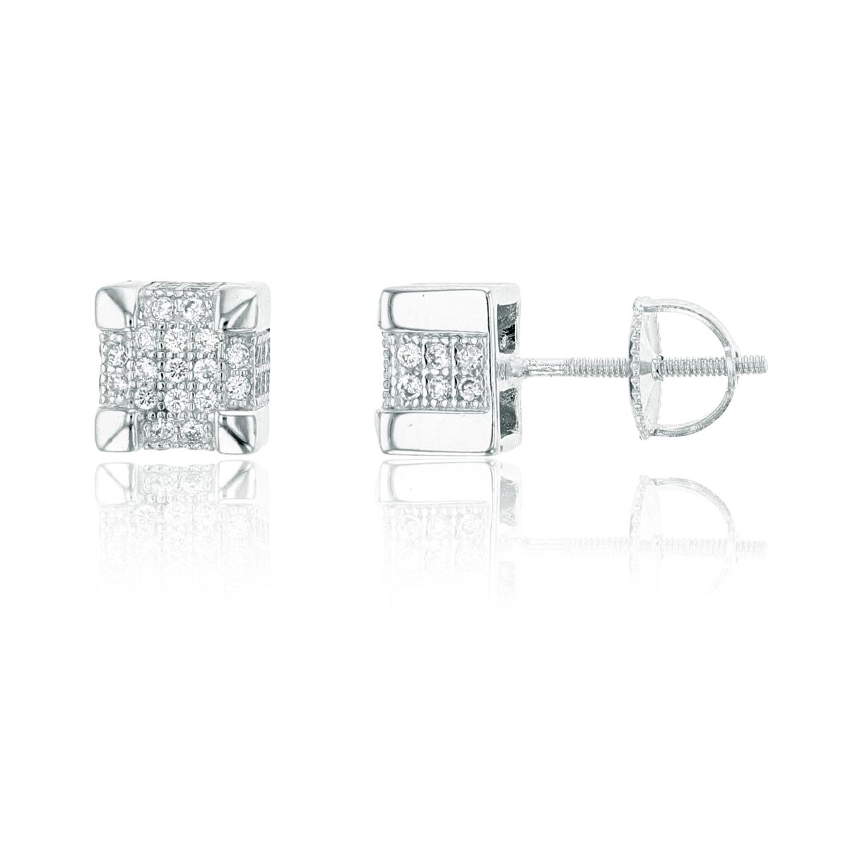 Sterling Silver 7x7mm Micropave Square Screwback Stud Earring