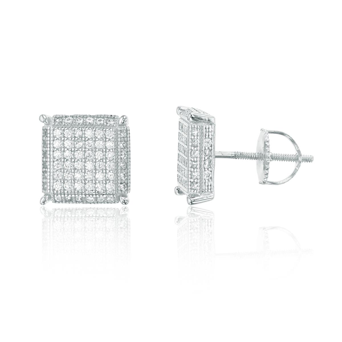 Sterling Silver 10x10mm Micropave 3D Square Screwback Stud Earring