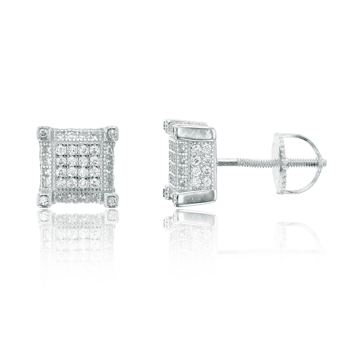 Sterling Silver 8x8mm 3D Square Micropave Screwback Stud Earring