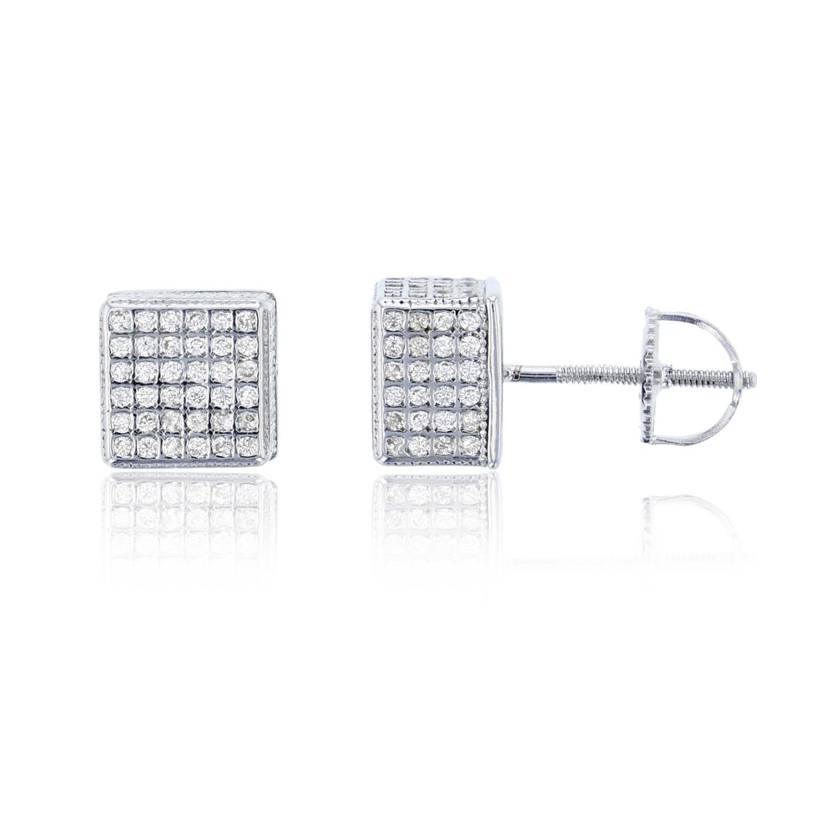 Sterling Silver 7x7mm Micropave 3D Square Screwback Stud Earring