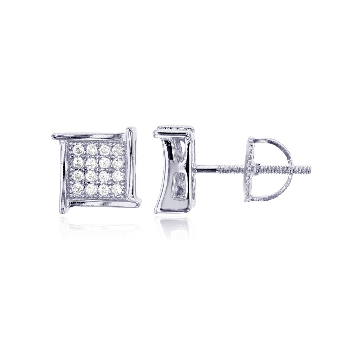 Sterling Silver 7.8x7.8mm Fancy Square Micropave Screwback Stud Earring