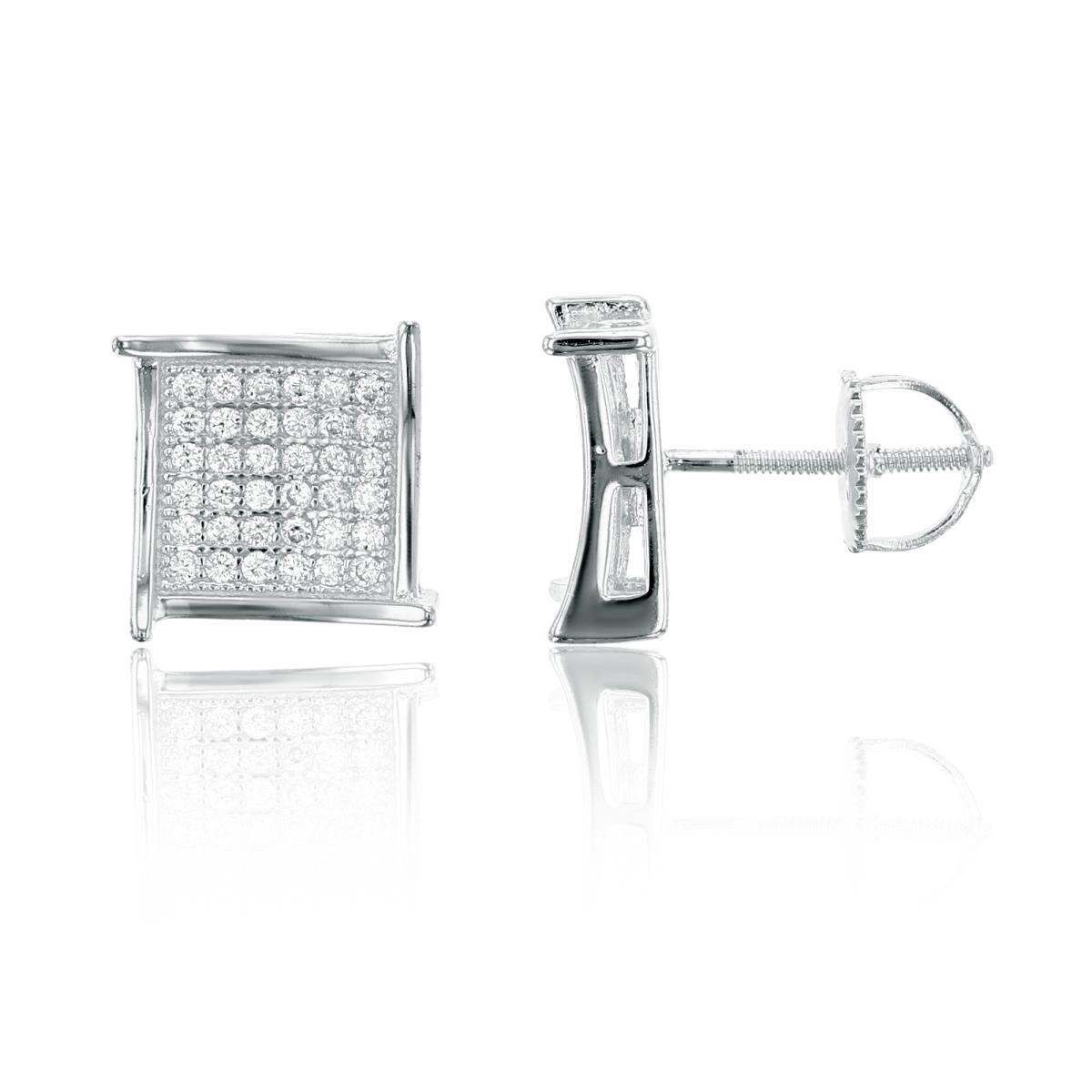 Sterling Silver 10x10mm Fancy Square Micropave Screwback Stud Earring