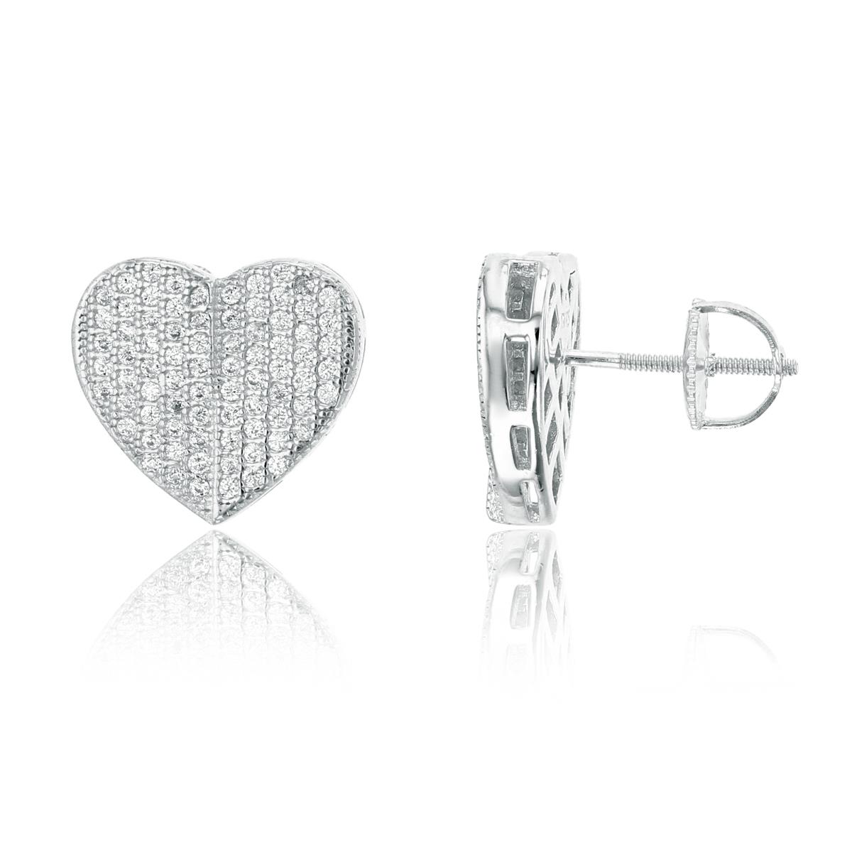 Sterling Silver Micorpave 14x4mm Slit Heart Screwback Stud Earring
