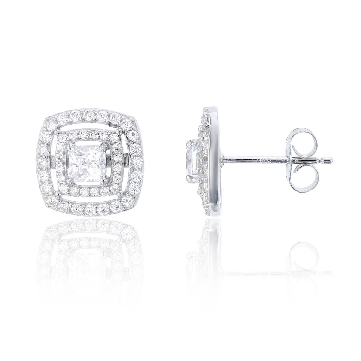 Sterling Silver 4mm Square Double Halo Pave Stud Earring