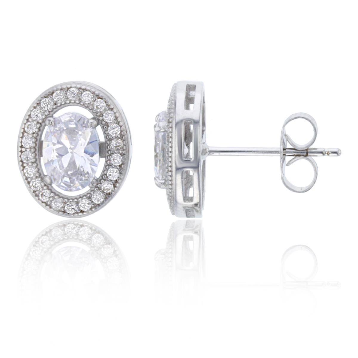 Sterling Silver 7x5mm Oval Halo Pave Stud Earring