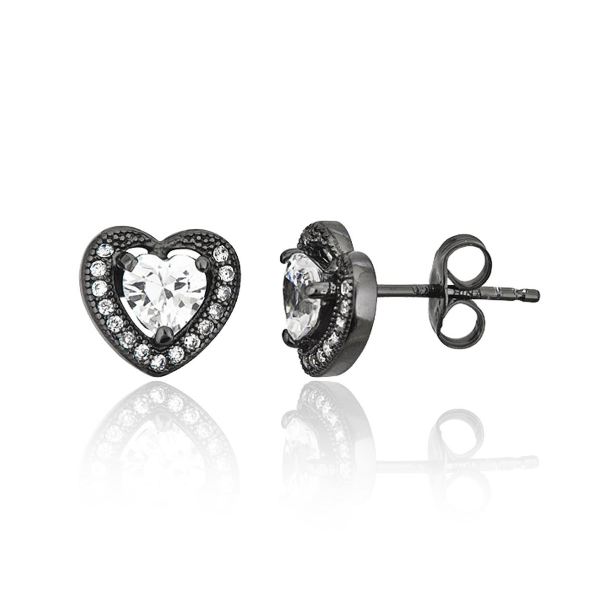 Sterling Silver Black 5mm Cubic Zirconia 9x9mm Heart Halo Pave Stud Earring
