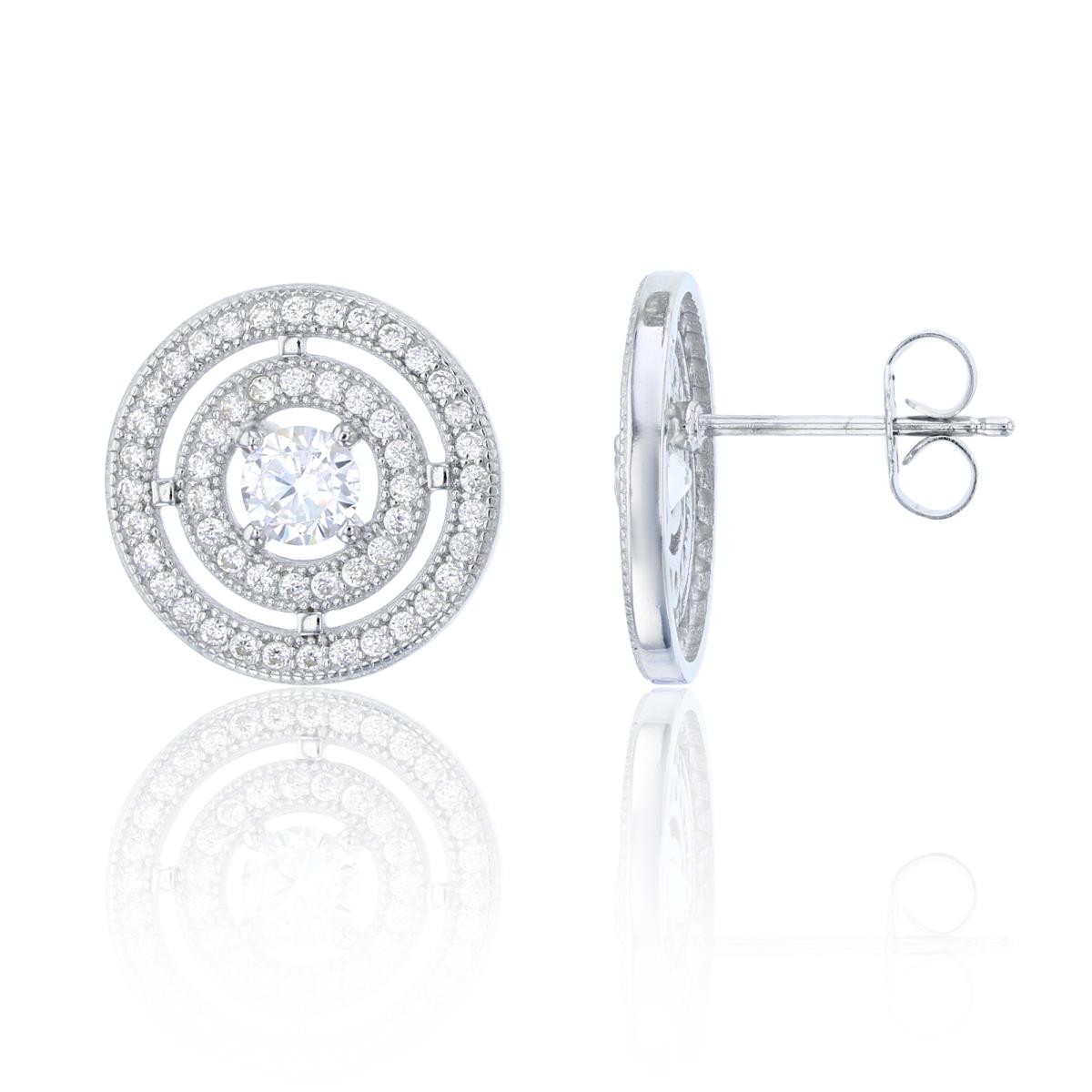 Sterling Silver 16mm Round Double Halo Pave Stud Earring