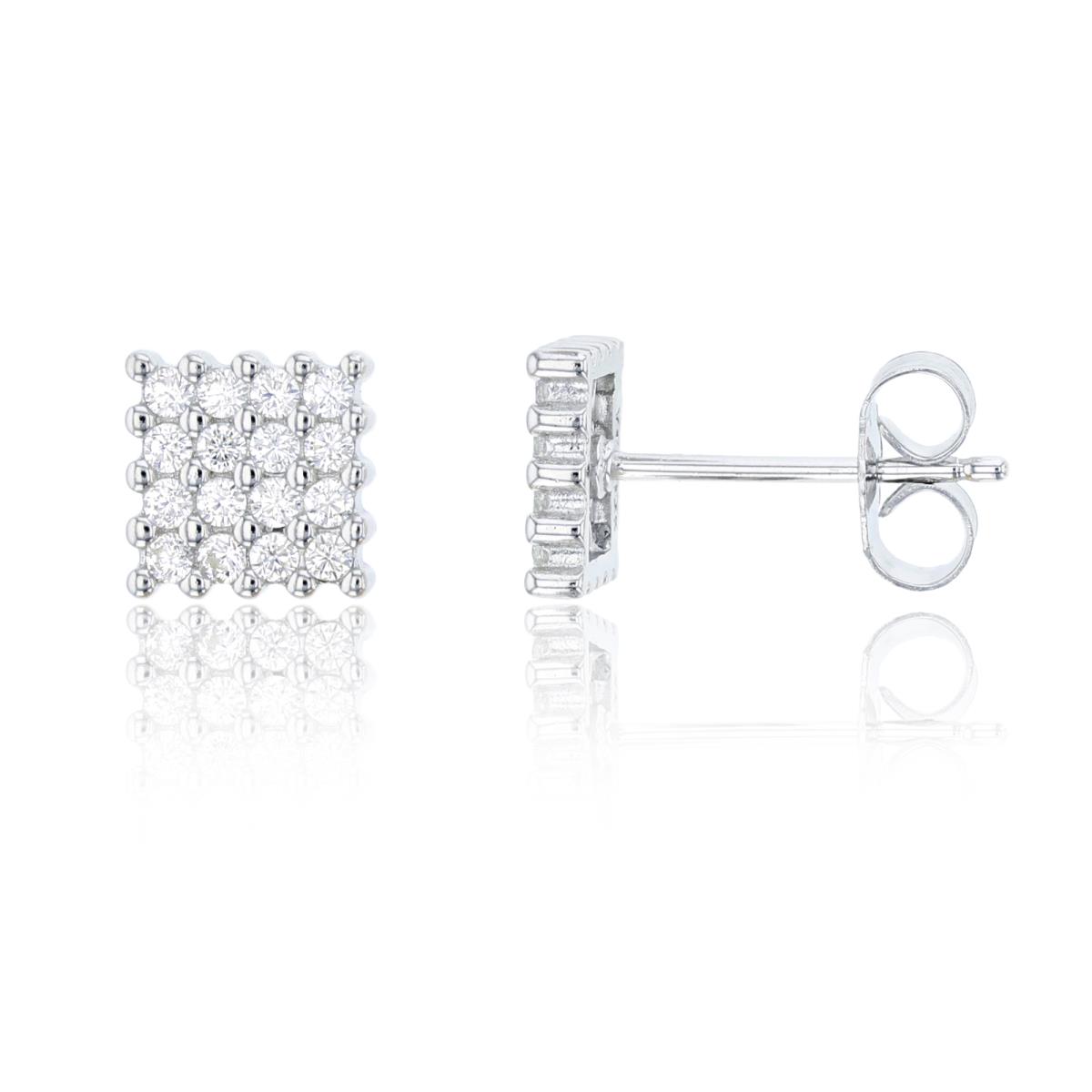 Sterling Silver Rhodium 7x7mm Pave Square Stud Earring