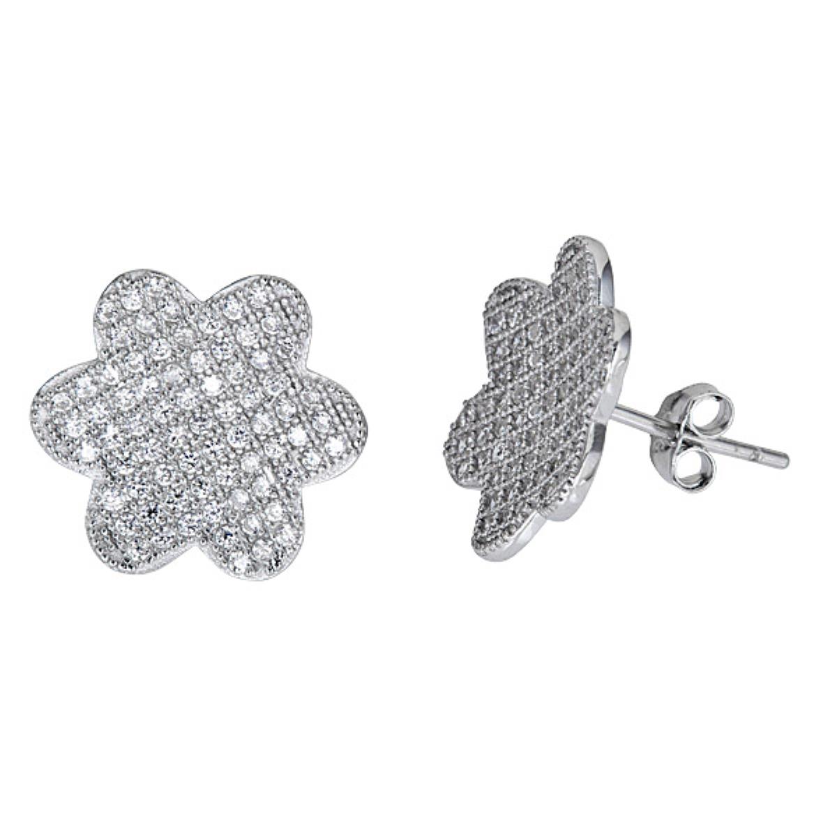 Sterling Silver 14mm Micropave Flower Stud Earring