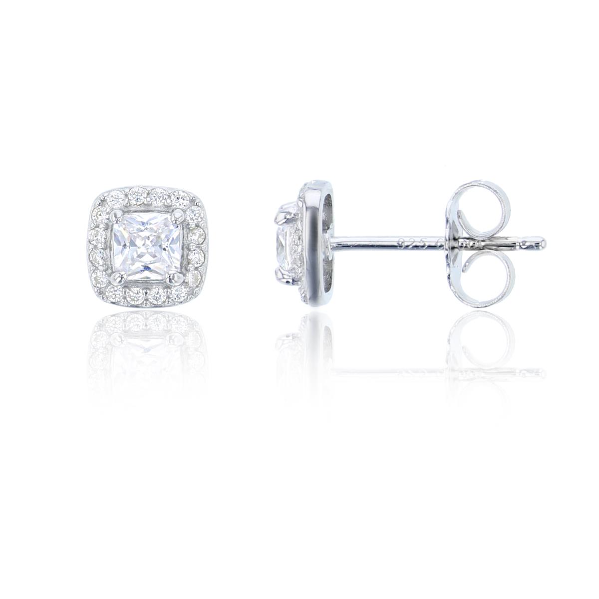 Sterling Silver Square 7mm Halo Petite Pave Stud Earring