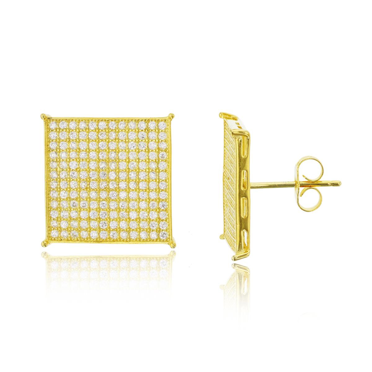 Sterling Silver Yellow 16x16mm Square Micropave Stud Earring