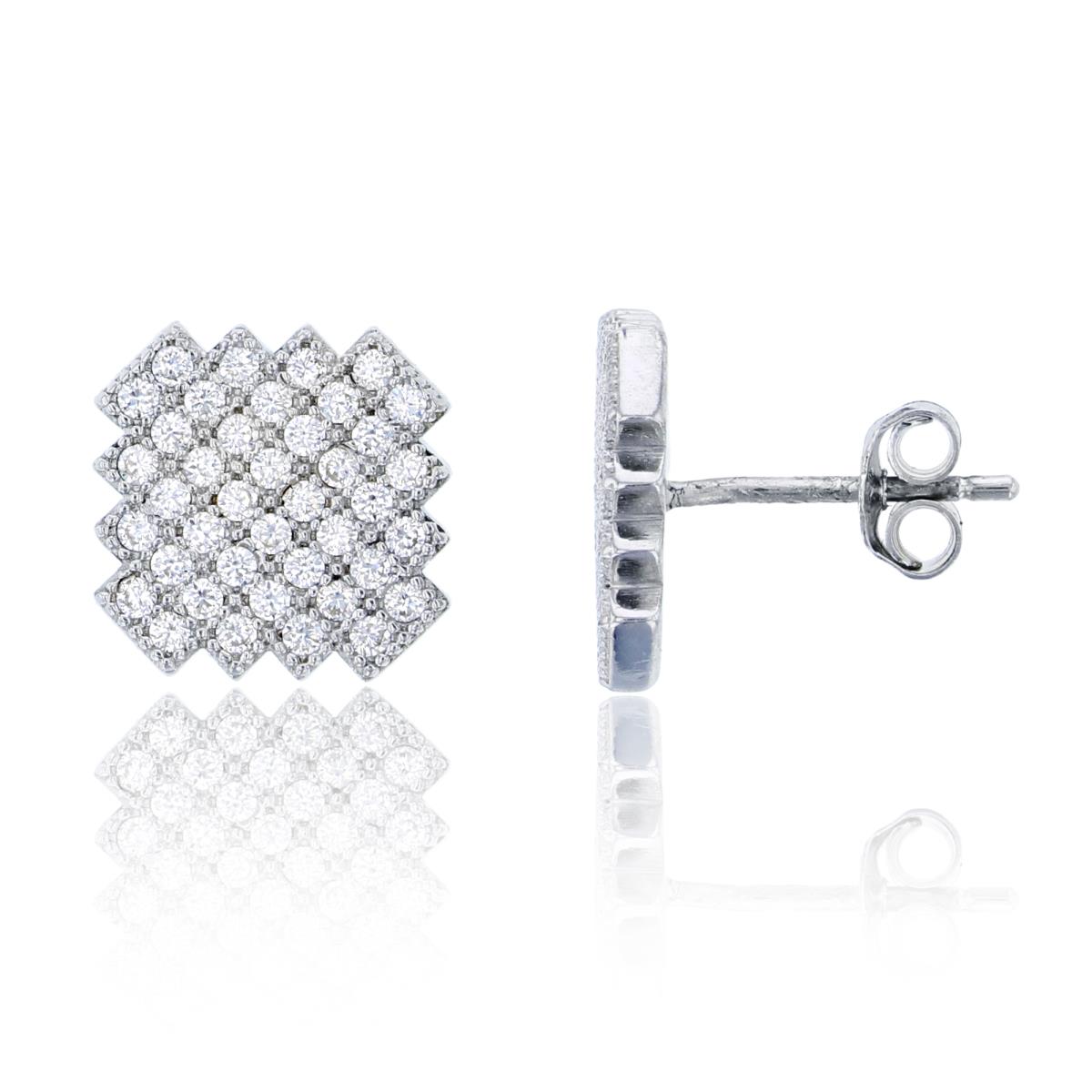 Sterling Silver 12x12mm Crincked Square Pave Stud Earring