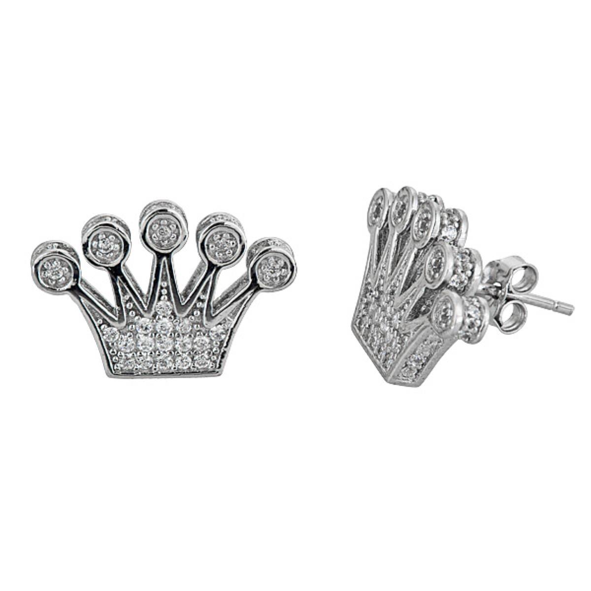 Sterling Silver 18x12mm Micropave 3D Crown Stud Earring