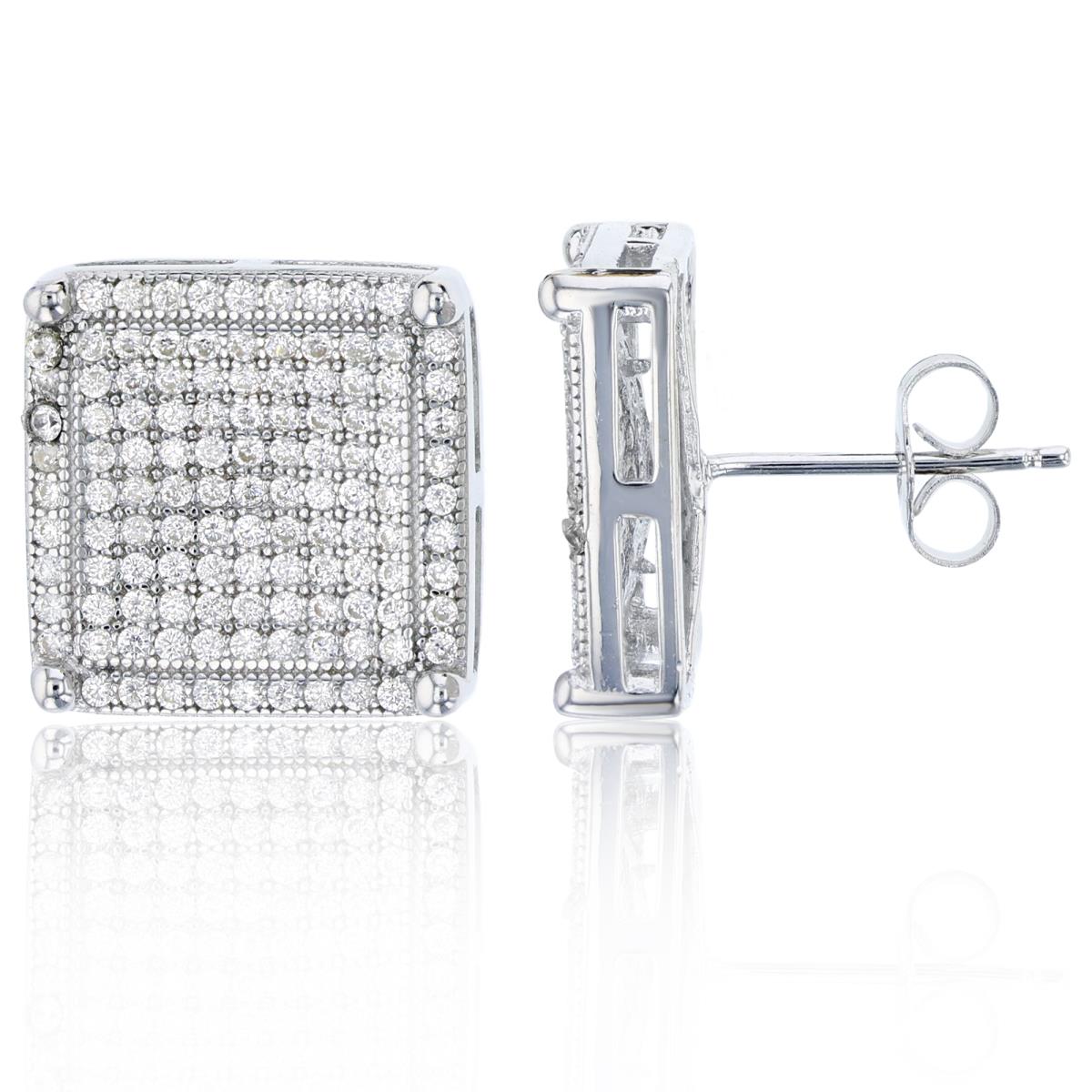 Sterling Silver 15x15 Micropave Square Stud Earring
