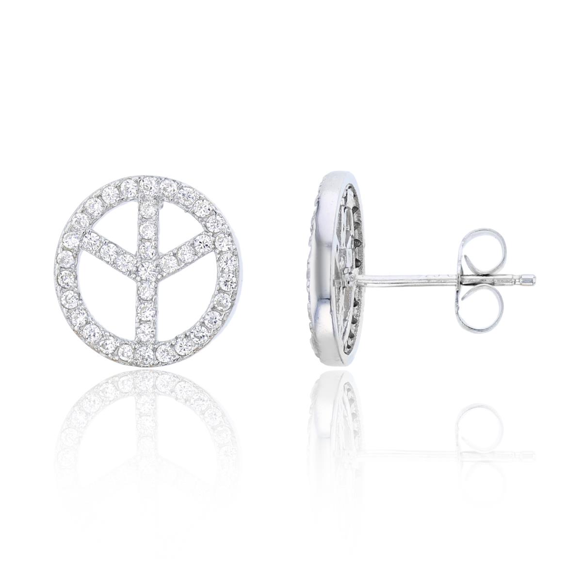 Sterling Silver 16x16mm  Pave Peace Sign Stud Earring