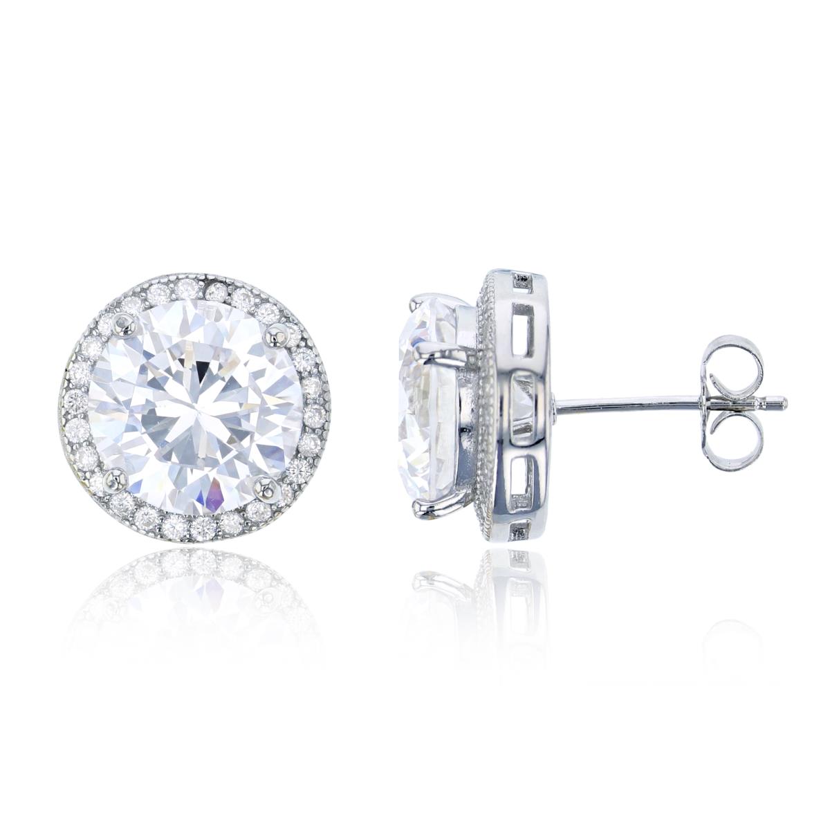 Sterling Silver 11mm Round Halo Pave Stud Earring