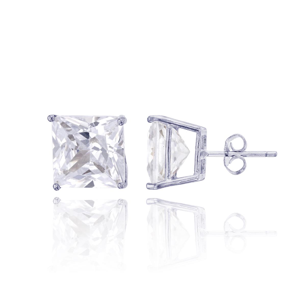 Sterling Silver Rhodium 10x10mm AAA Square Solitaire Stud Earring