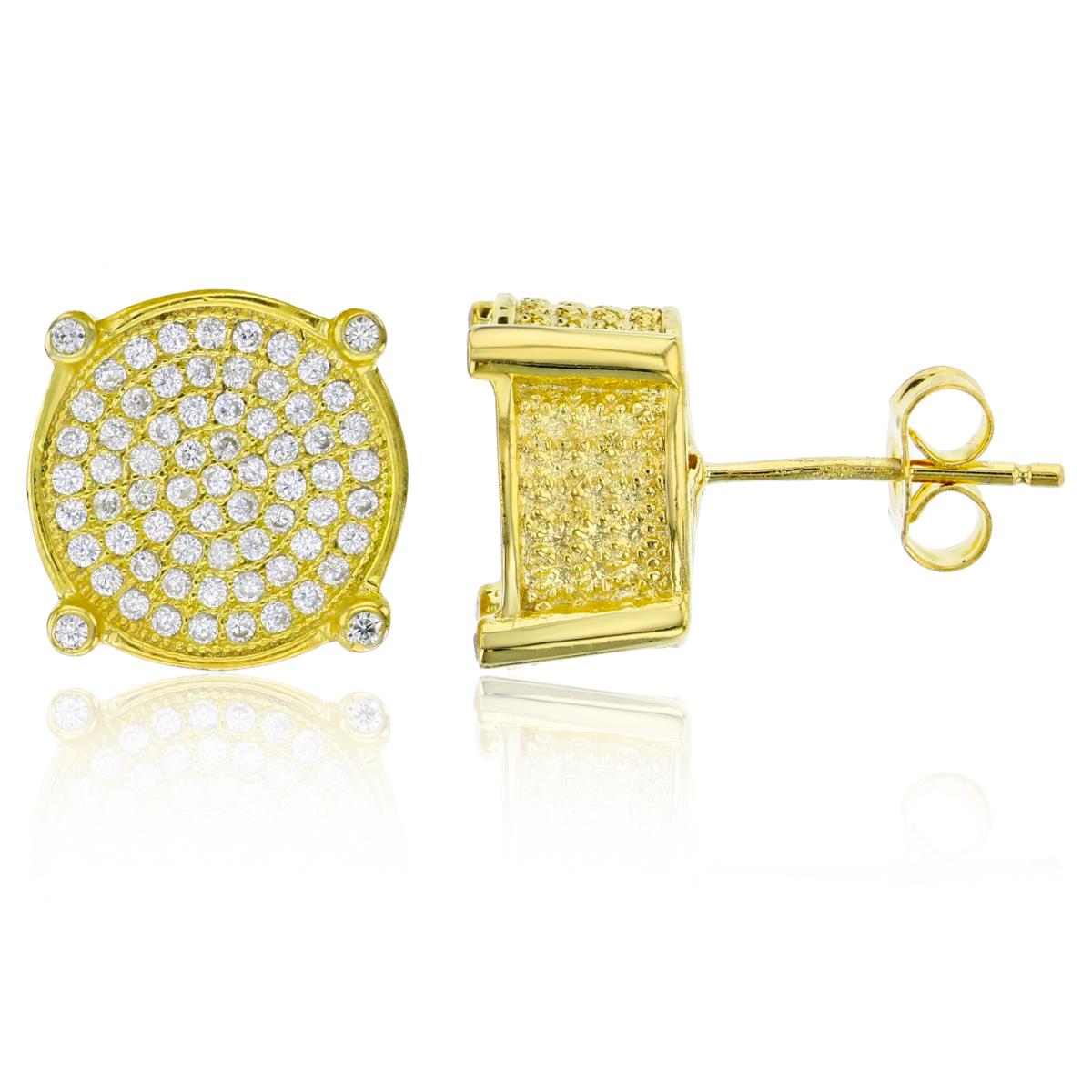 Sterling Silver Yellow 3D Round Micropave Stud Earring