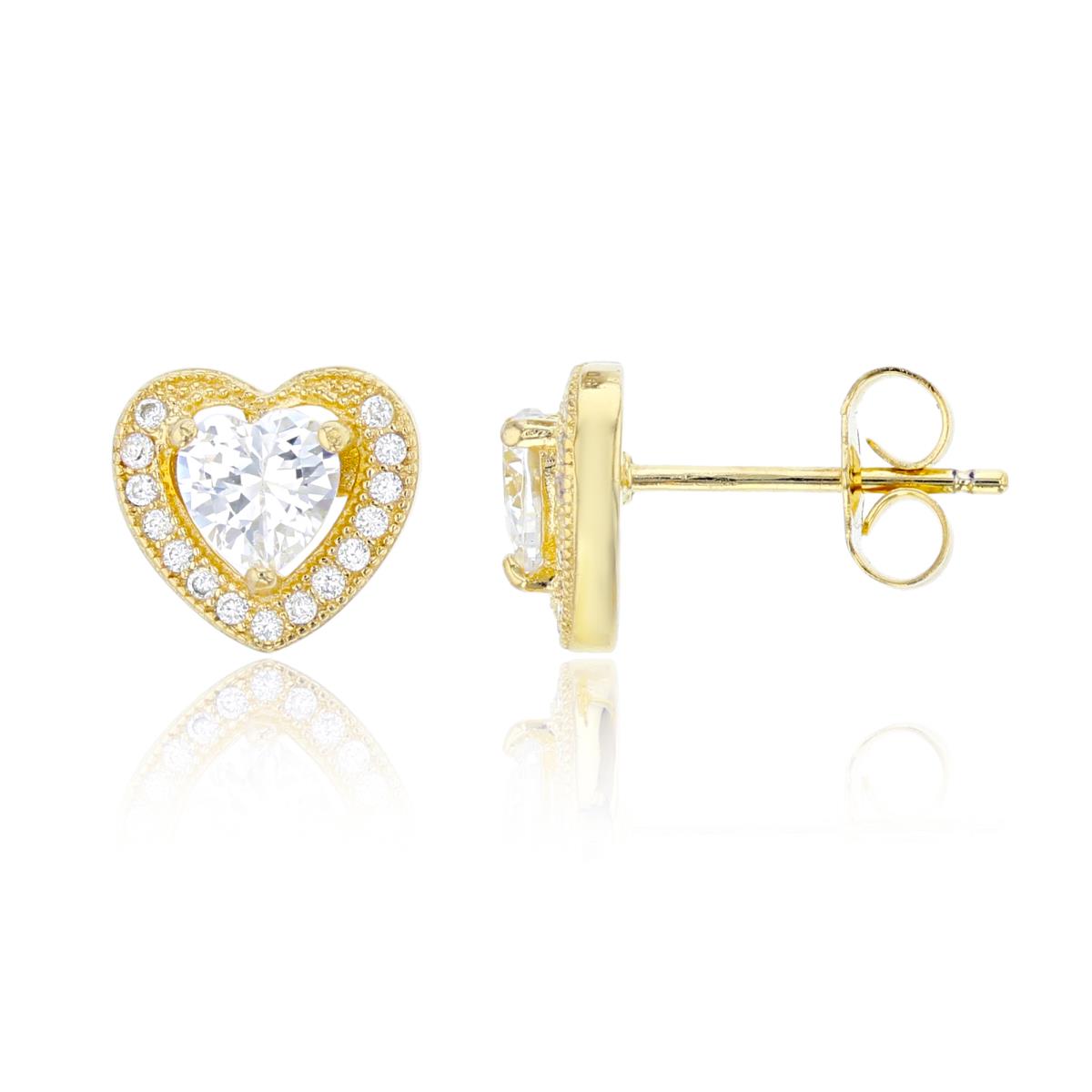 Sterling Silver Yellow 5mm Cubic Zirconia 9x9mm Heart Halo Pave Stud Earring