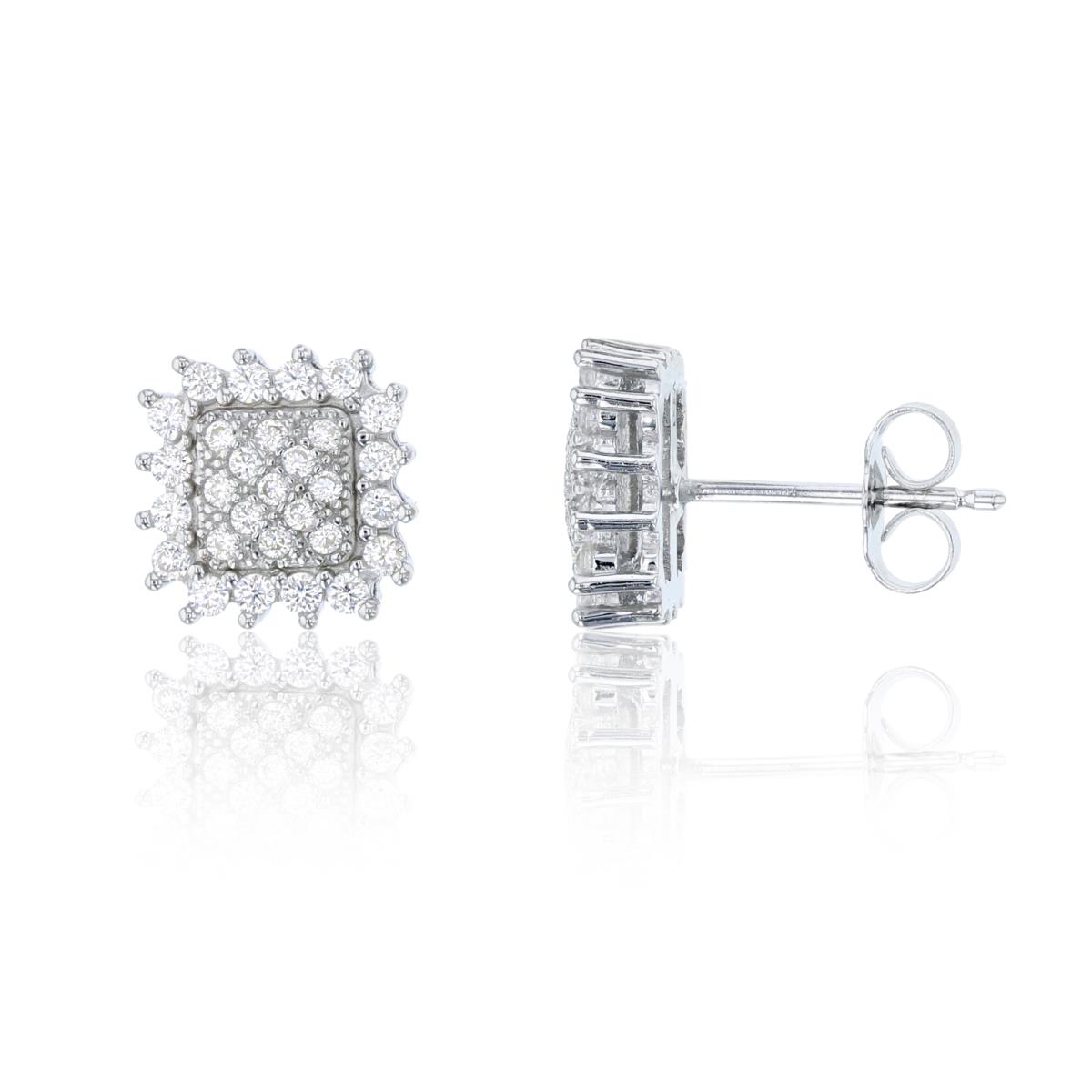 Sterling Silver 10x10mm Crinckled Square Pave Stud Earring