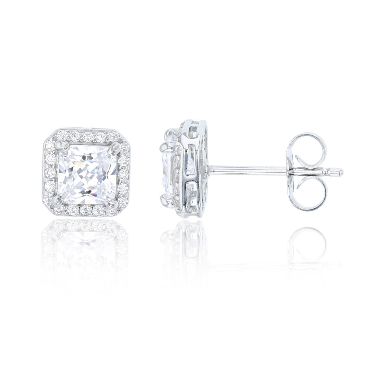Sterling Silver 8.50mm Square Pave Halo Stud Earring