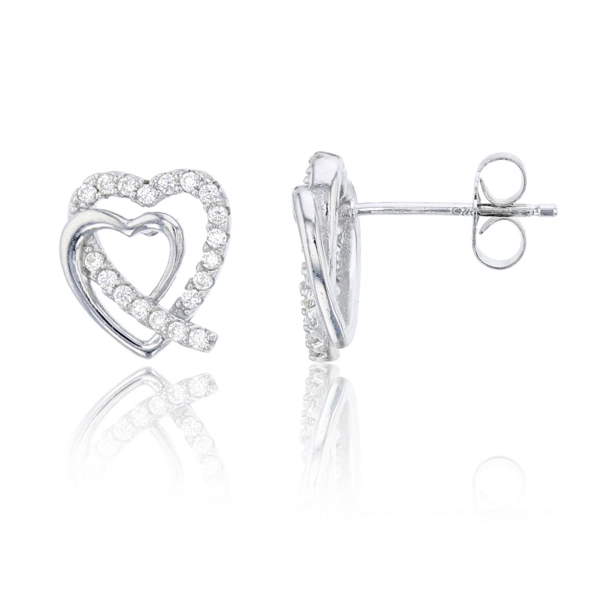 Sterling Silver Double Heart 11mm Pave Stud Earring