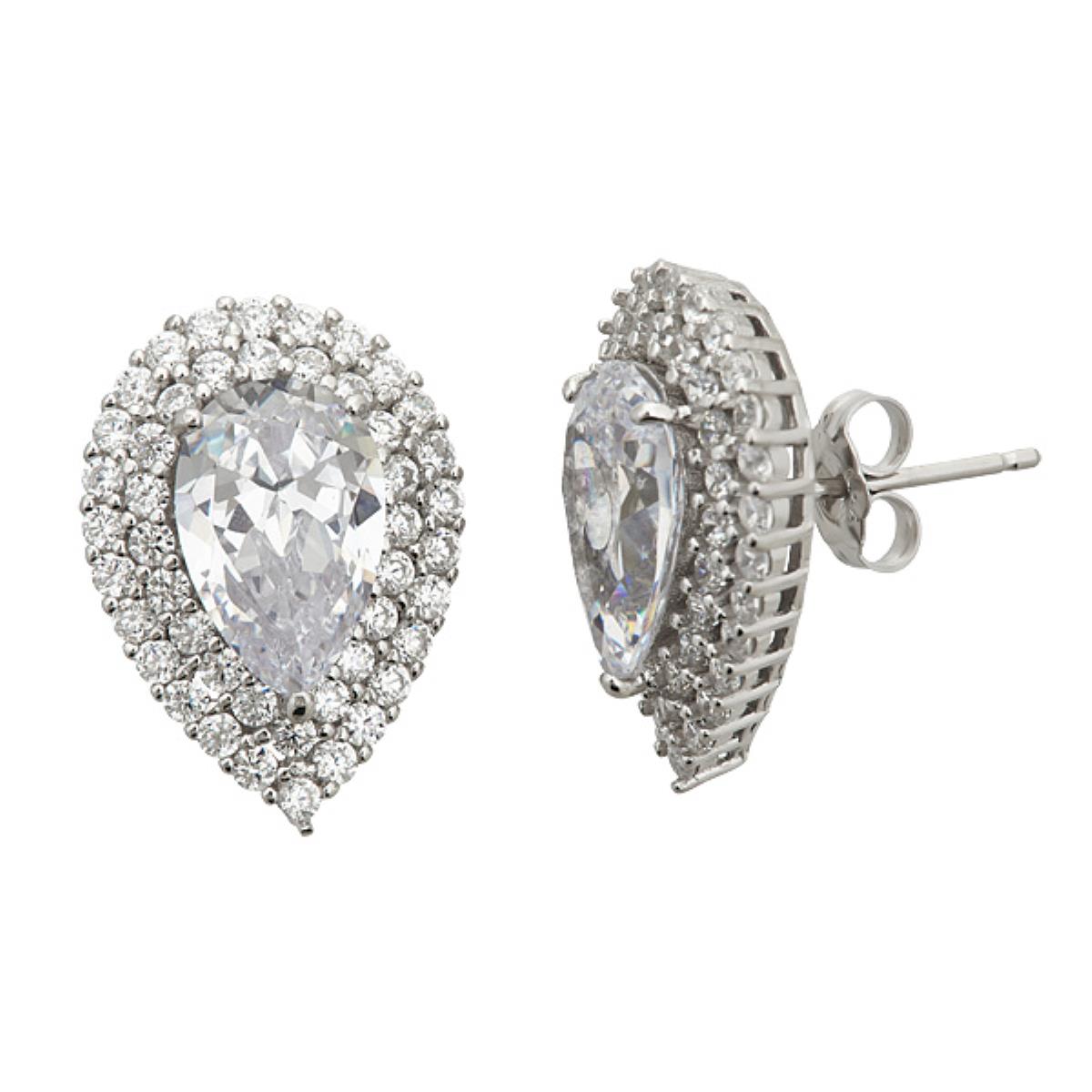 Sterling Silver 20x15mm Pear Double Halo Pave Stud  Earring
