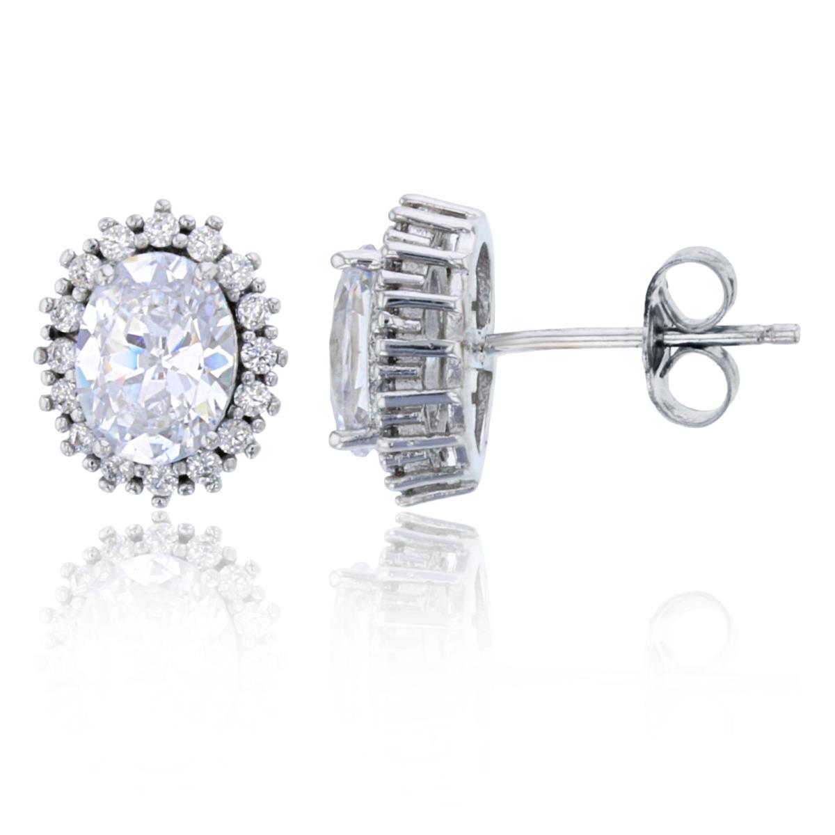 Sterling Silver 10x8mm Pave Halo Stud Earring