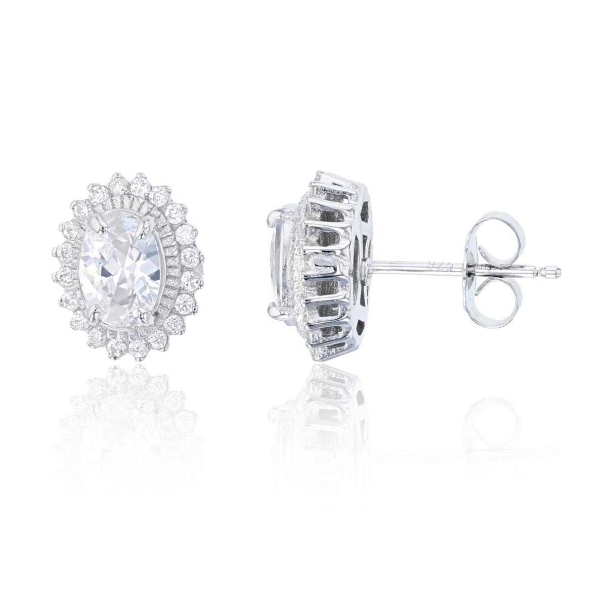 Sterling Silver Oval 7x5mm Pave Halo Stud Earrings